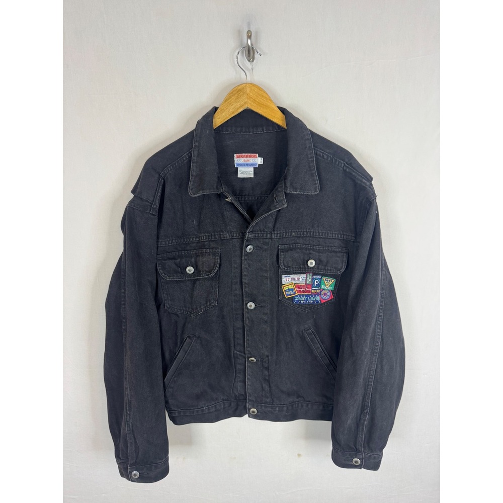 Vintage 90s Bugle Boy XX Jeans Mens M Black Denim Trucker Jacket Patch Work